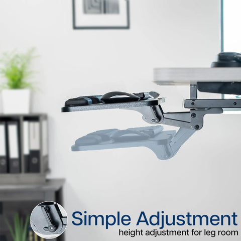 Smooth Gliding Under Desk Keyboard And Mouse Tray With Plush Foam Padding For Home Office Ergonomic Workstation Setup adjustable height shown in use.