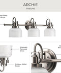 Archie Collection 3-Light Bath Vanity Light with Double Prismatic Glass in Antique Nickel, Coastal Farmhouse Style, details