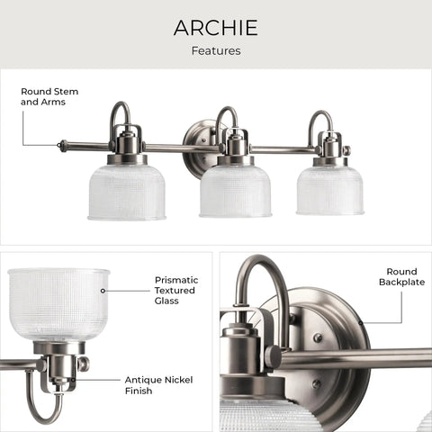 Archie Collection 3-Light Bath Vanity Light with Double Prismatic Glass in Antique Nickel, Coastal Farmhouse Style, details