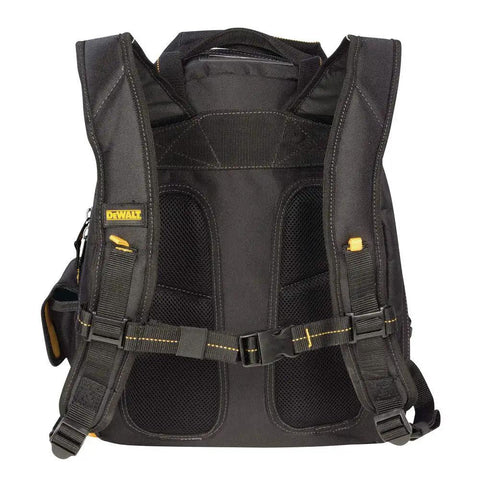 Back view of LED Light Tool Backpack With 57 Pockets Black And Yellow Three Light Settings Up To 39 Lumens Heavy Duty Comfort Carry