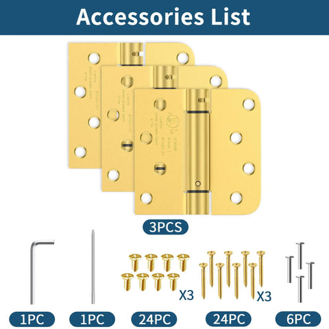 Self Closing Door Hinges With Spring Loaded Action, 4 Inch, Brushed Gold, with accessories, UL Listed, 3 Pack, exterior use