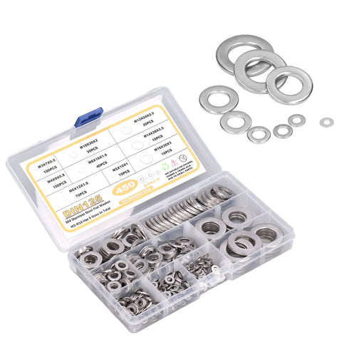 450Pcs Flat Washer Assortment Kit 304 Stainless Steel Washers M3 Through M16 in One Handy Set with organized box