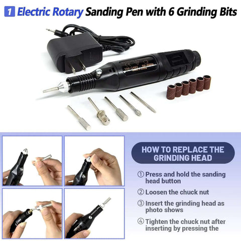 Electric rotary sanding pen with 6 grinding bits from All In One 262 PC 3D Printer Tool Set With Tool Bag For Removal Trimming Finishing Sanding Cleaning And Scraping Pro Grade Nozzle Cleaning Kit Plus Mini Electric Grinder For Full Process Modeling.