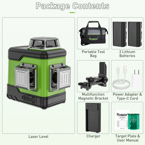 Package contents of Self Leveling Laser Level With 3x360 Green Beams For Pro Grade Cross Line Three Plane Layout And Quick Horizontal And Vertical Alignment A Must Have For DIY And Construction Pros Includes Li Ion Battery And Portable Tool Bag, showing tool bag, batteries, bracket, adapter, charger, and user manual.
