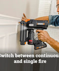 Heavy Duty Cordless Brad Nailer Fueled By 20V Brushless Motor And 18 Gauge Specs in action attaching trim.