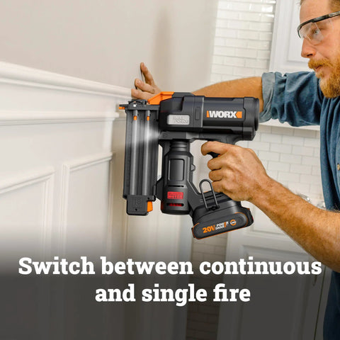 Heavy Duty Cordless Brad Nailer Fueled By 20V Brushless Motor And 18 Gauge Specs in action attaching trim.