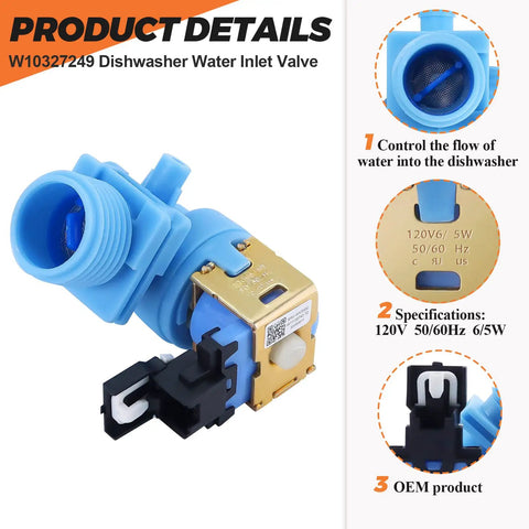Upgraded Dishwasher Water Inlet Valve 15 Year Warranty Fits Kenmore 665 662 Series KitchenAid Amana And More Replaces W10195047 W10316814 W11130743 W10327249 W10327250 W11175771 DIY Friendly Install, blue ABS plastic and stainless steel, 2.9 in
