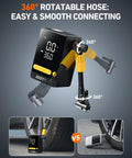 L10 Mini Tire Inflator Portable Air Compressor With 150 PSI showing 360-degree rotatable hose and tire connection examples