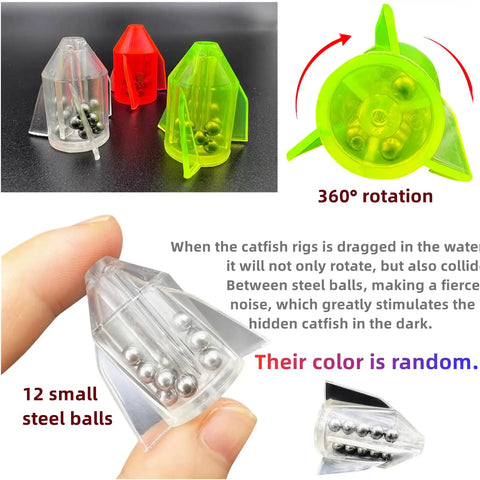 Close-up of rotating rattles with steel balls from Six Piece Catfish Fishing Rigs Ready Kit With 2 In 1 Rotating Rattles And Double Rattles Beads For Freshwater And Saltwater Tackle Santee Rig Peg Gear, showing 360° rotation feature.