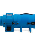 Side view of 8 Inch 1/3 HP High Pressure Axial Blower Fan For Ventilation, featuring blue casing and handles, with 25 Foot Hoses.
