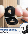 Straight Up 40 Piece L Bracket Corner Brace Set Built With Quality Black Stainless Steel Alongside Complete Screw Kits For Tough Diy Joints And No Sweat Renovation Projects That Really Deliver, close-up of black L bracket on wood.