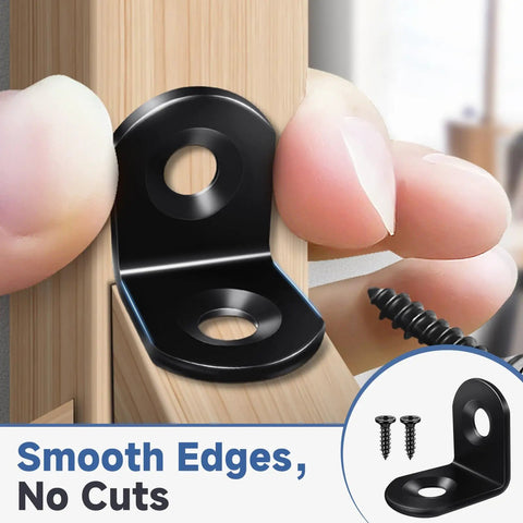 Straight Up 40 Piece L Bracket Corner Brace Set Built With Quality Black Stainless Steel Alongside Complete Screw Kits For Tough Diy Joints And No Sweat Renovation Projects That Really Deliver, close-up of black L bracket on wood.
