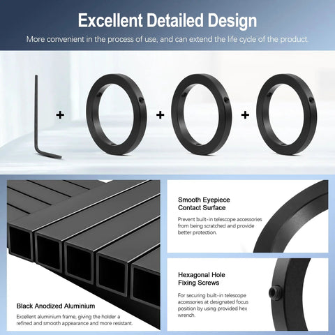 1.25 Inch Parfocal Eyepiece Rings Set of Three For Rapid Focus Switching, showing aluminum rings and wrench, design details.