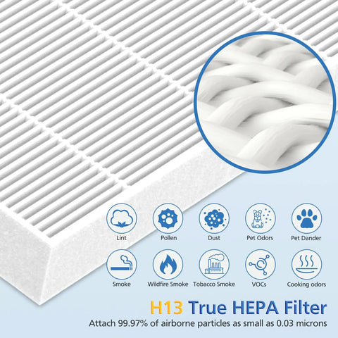 Close-up of 2 Pack D480 Replacement Filter D4 for Air Purifier, True HEPA 99.97 Percent Filtration diagram with features.
