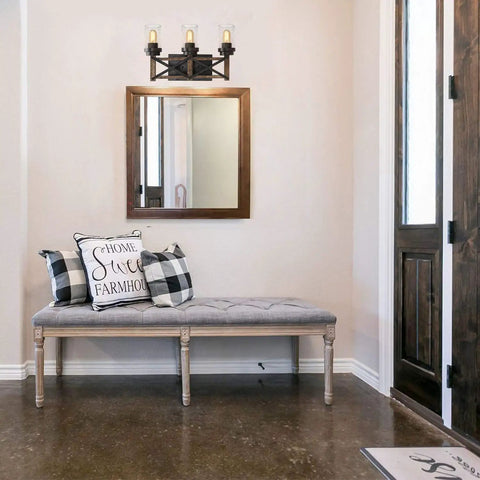 Entryway with Industrial Three Light Vanity Fixture With Seeded Glass Shades 18.9 Inch Rustic Farmhouse Vibe Wall Sconce