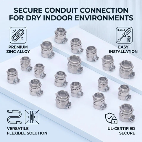 Heavy Duty One Inch Die Cast Zinc Alloy Squeeze Connectors For Electrical Conduit Wiring 20 Pack arranged for easy installation.