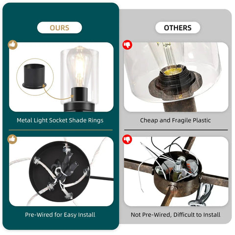 Comparison of 4 Light Black Dining Room Chandelier With Glass Shades: metal socket rings and pre-wired vs plastic and unwired