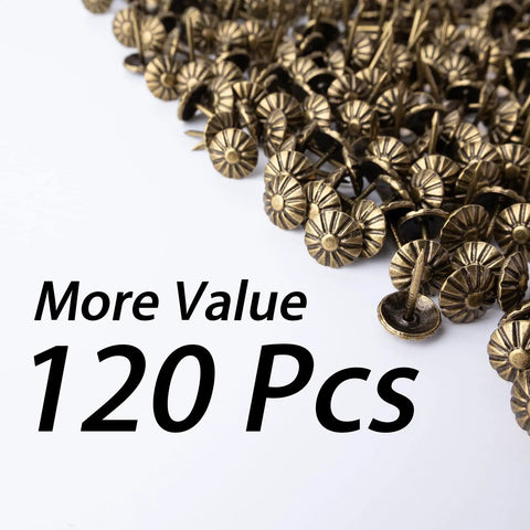 Top Shelf Antique Brass Daisy Upholstery Tacks 7/16 Inch 120 Pack heavy duty vintage furniture hardware shown in bulk.