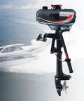 Powerful 3.5HP 2 Stroke Outboard Motor With Water Cooling System Rugged For Rough Rivers And Fishing Trips next to boat