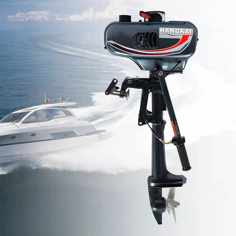 Powerful 3.5HP 2 Stroke Outboard Motor With Water Cooling System Rugged For Rough Rivers And Fishing Trips next to boat