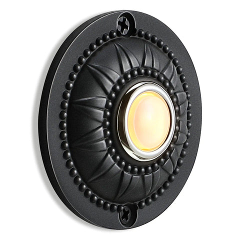 Round Metal Wired Doorbell Push Button In Black With Warm White LED Light Low Voltage Compatible No Fuss Surface Mount Replacement For Home Or Garage Works On Stucco Wood Brick Or Stone Walls, 2.5-inch black metal wall button