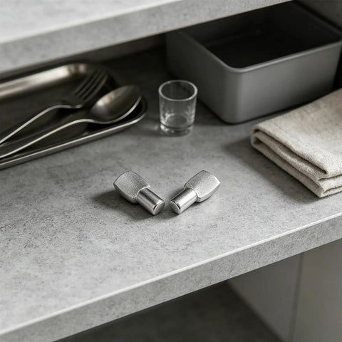Beefy Spoon Shape Metal Shelf Pegs 60 Pack 7mm Nickel Plated Shelf Pins on kitchen countertop