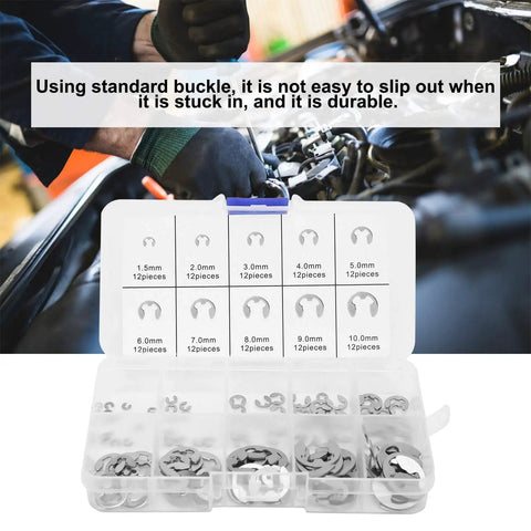 E Clip Washer Kit 120 Piece Stainless Steel M1.5 To M10 External Retaining Rings in plastic case with machinery