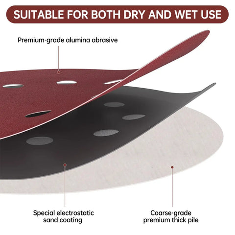 Close-up of 110 Pcs 6 Inch Round Hook And Loop Sanding Discs Set With 6 Hole Design, showing abrasive layers and texture.