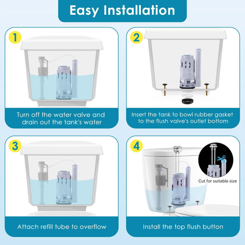 Installation guide for 3 Inch Dual Flush Valve Replacement Kit With Top Push Button For Two Piece Toilets Includes Tank To Bowl Gasket And Bolts Durable ABS Valve Kit Leak Free Seal Easy To Install