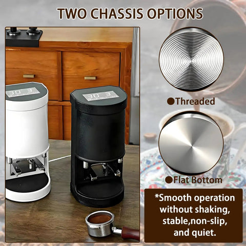Locked In 58Mm Automatic Coffee Tamper Machine Featuring Responsive Touchpad And Adjustable 5 To 30Kg Pressure For Flawless Packing And Consistent Pulls Every Day, showing white and black chassis options.