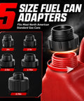 5 size fuel can adapters displayed, fitting most North American standard gas cans for versatile use with fuel transfer.