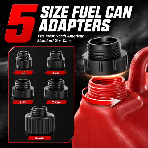 5 size fuel can adapters displayed, fitting most North American standard gas cans for versatile use with fuel transfer.