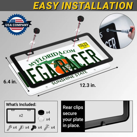 Slim Matte Black License Plate Frames 2 Pack, Rust Free Stainless Steel, Rattle Free Design shown with dimensions and accessories