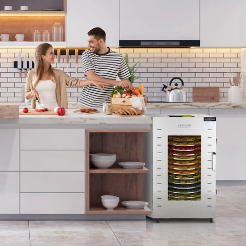Heavy Duty 16 Trays Commercial Food Dehydrator For Making Sweet Beef Jerky And Dried Fruit All Week Long Without Breaking A Sweat Featuring Stainless Steel Racks And A Reliable 1500 Watt Motor in a modern kitchen with fresh produce.