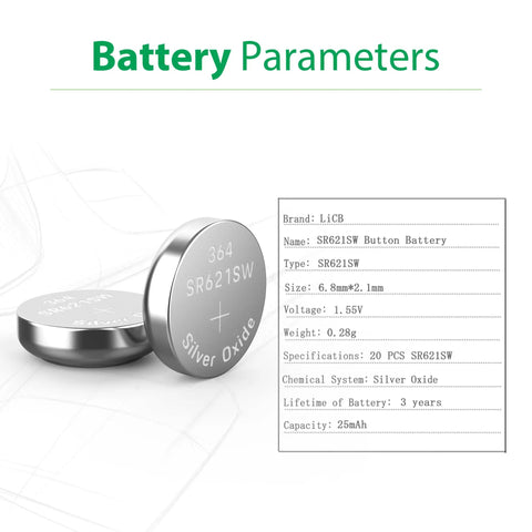 Heavy Hitter SR621SW Watch Batteries, detailed view of 20 pack 1.5V silver oxide button cells with specifications.