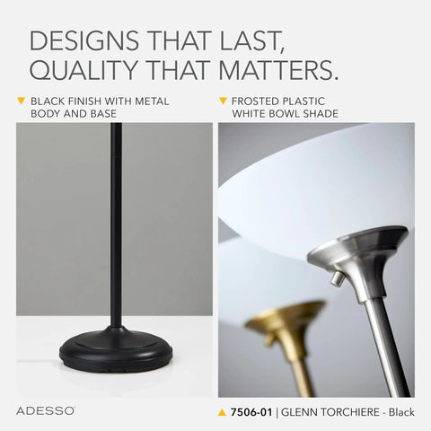 Close-up of a black torchiere floor lamp with frosted white shade and metal base, focus keyword: Black Torchiere Floor Lamp With Frosted White Shade, 300W Double Socket, 71-Inch Tall Modern Accent Lighting For Bedroom, Living Room, Or Home Office