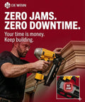 Man using cordless nailer for woodworking with Jam Free Smooth Ride For Cordless Nailers 16 Gauge Finish Nails Two Inch Galvanized Straight Head 1000 Count Pack.