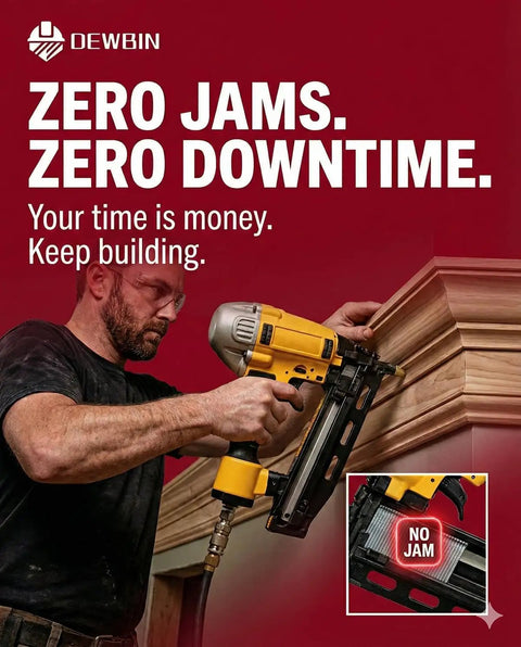 Man using cordless nailer for woodworking with Jam Free Smooth Ride For Cordless Nailers 16 Gauge Finish Nails Two Inch Galvanized Straight Head 1000 Count Pack.