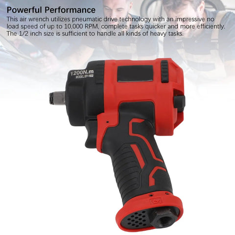 Heavy Duty Pneumatic Air Impact Wrench With Half Inch Drive delivering 1200Nm torque and 10,000 RPM, lightweight composite design.