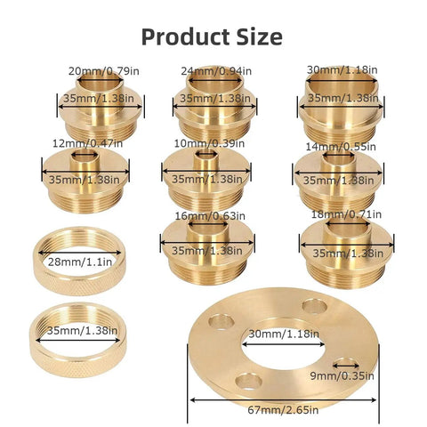 Pro Tier Brass Router Template Bushing Guide Set With Bulletproof Lock Nut Adapter: 11 brass bushings with size measurements.