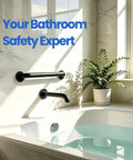 Built Like a Tank 12 Inch Black Stainless Steel Shower Grab Bars with a secure grip in a modern bathroom setting.