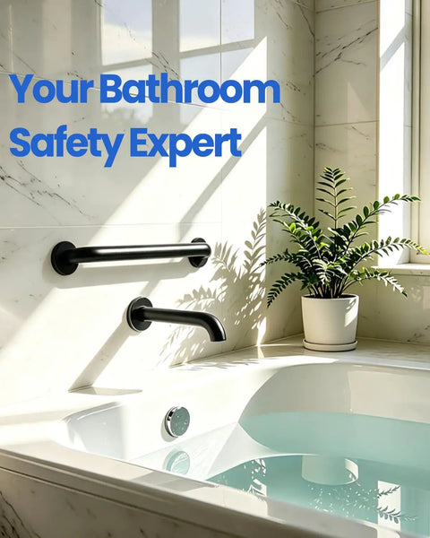 Built Like a Tank 12 Inch Black Stainless Steel Shower Grab Bars with a secure grip in a modern bathroom setting.