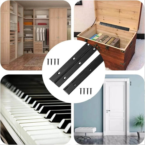 Composite image featuring Two Pack 12 Inch Piano Hinges In Stainless Steel Black Heavy Duty For Doors Cabinets Woodworking And Marine Applications