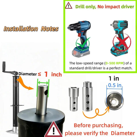 Heavy Duty Trailer Jack Drill Adapter Fits Half And One Inch Shaft Drives For Towing Campers Up To Twelve Thousand Lbs Quick Swap Design installation notes
