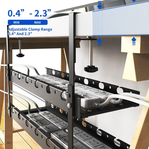 Under Desk Cable Management Tray With Clamp For No Drill Setup 31 Inch Long Two Hole Raceway Cord Organizer installed with cables
