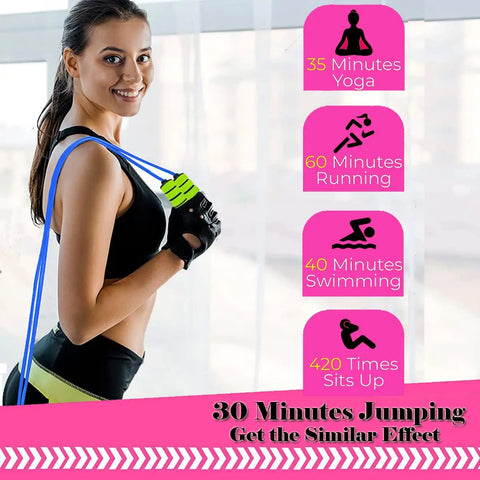 Woman holding kids jump rope set 2 pack lightweight adjustable durable jump ropes with foam grips handles for fitness training.