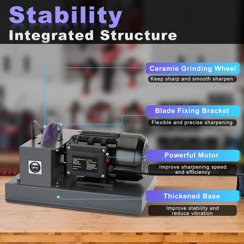 Solid Build Lawn Mower Blade Sharpener With 9 Inch Grinding Disc And 1Hp 750W Motor and features labeled in image.