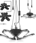 Two Pack Plug In Garage Light With Six Deformable Panels Linkable 200W LED Shop Light 20000LM 6500K Daylight For Garage Warehouse Barn Basement Built In On Off Switch, shown with attached cables and switch, suitable for overhead installation.