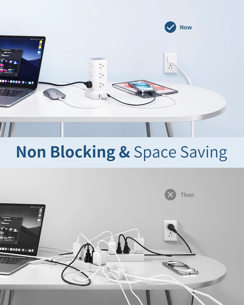 Comparison of Dope 16 In 1 Tower Power Strip With USB C And USB A Ports, 12 AC Outlets with flat plug on a desk setup.