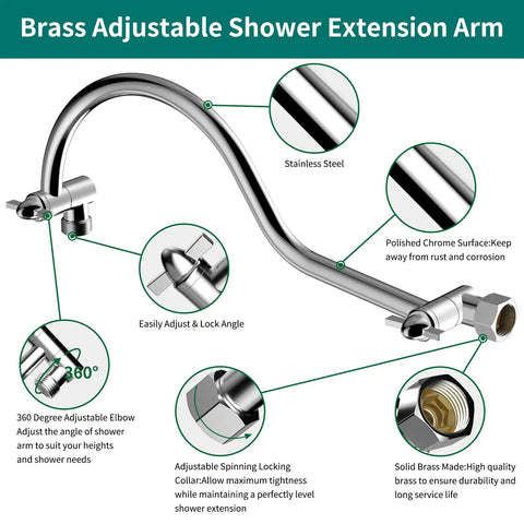Diagram of 16 Inch Adjustable Curved Shower Head Arm Extension with lock joints, chrome finish, solid brass construction, G1/2 connection.